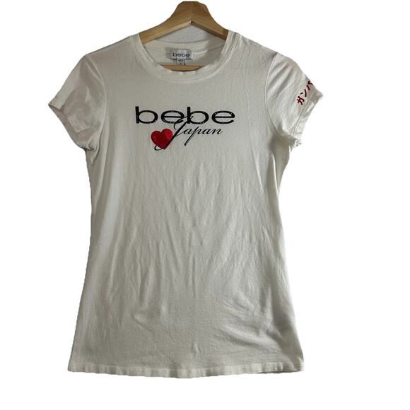 Vtg Y2K Bebe Japan T Shirt Womens Medium White USA Rhinestones Shimmer Logo - Picture 1 of 16